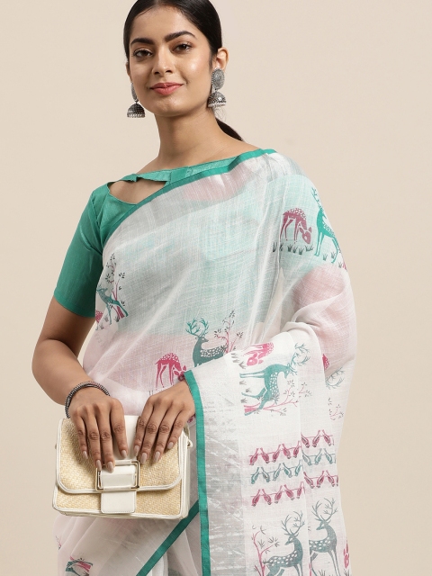 

LADUSAA Green & White Floral Zari Linen Blend Saree