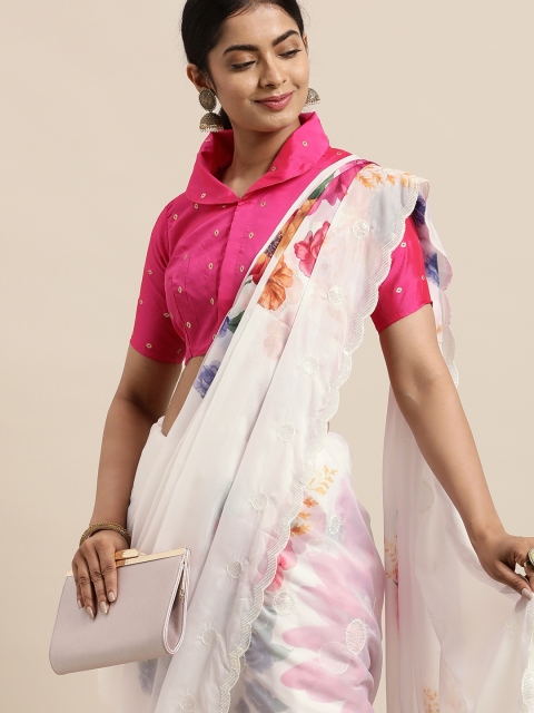 

LADUSAA White & Pink Floral Sequinned Fusion Saree