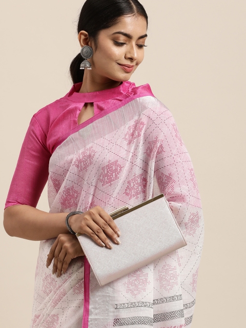 

LADUSAA Pink Floral Zari Linen Blend Saree