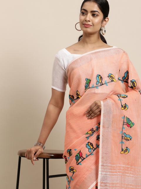 

LADUSAA Peach-Coloured & Blue Floral Embroidered Linen Blend Saree