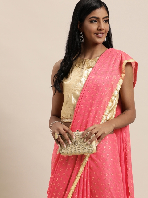 

LADUSAA Pink & Cream-Coloured Floral Mukaish Saree