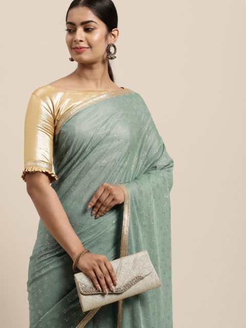 

LADUSAA Sea Green & Cream-Coloured Floral Mukaish Saree