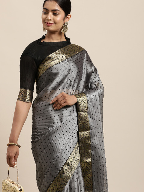

LADUSAA Grey & Black Floral Embroidered Saree