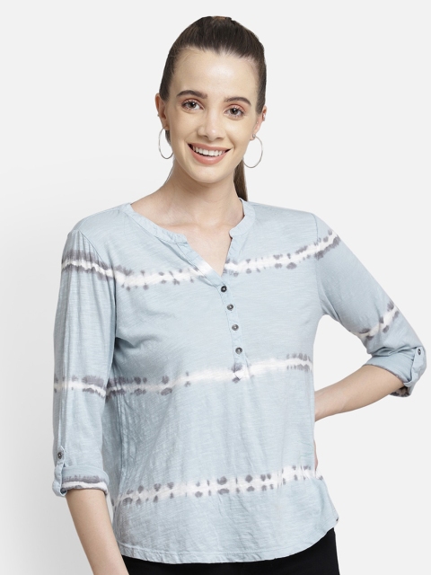 

Aditi Wasan Blue & White Tie and Dye Printed Mandarin Collar Top
