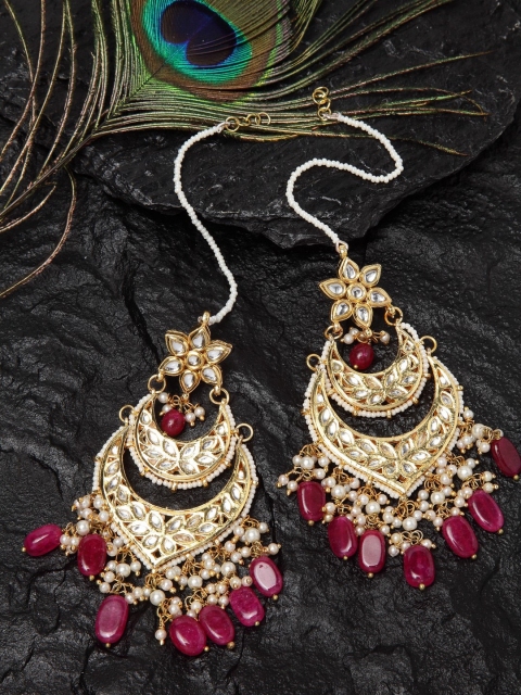 

DUGRISTYLE Gold-Toned Red Beaded & Kundan Studded Contemporary Chandbalis Earrings