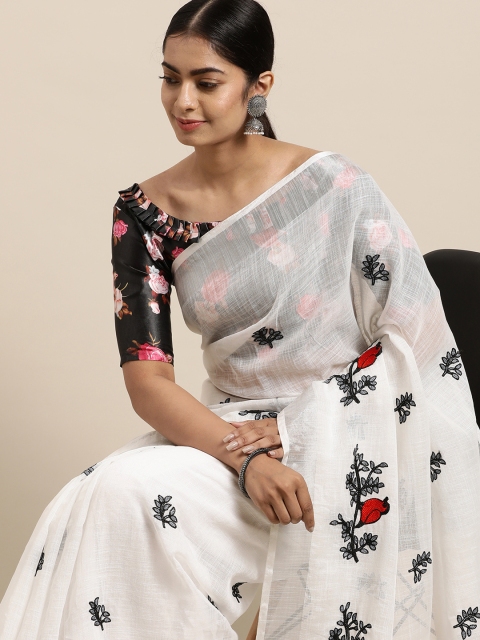 

LADUSAA Violet Floral Embroidered Linen Blend Saree