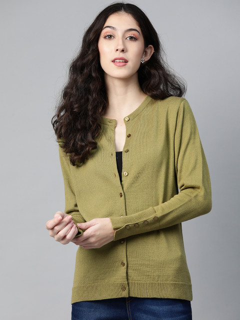 

PICOT Women Olive Green Solid Cardigan