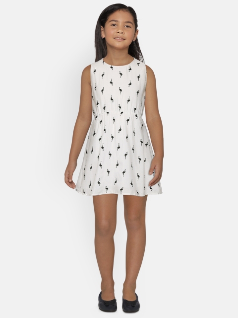 

SCOUP Girls White & Black Flamingo Print Fit & Flare Dress