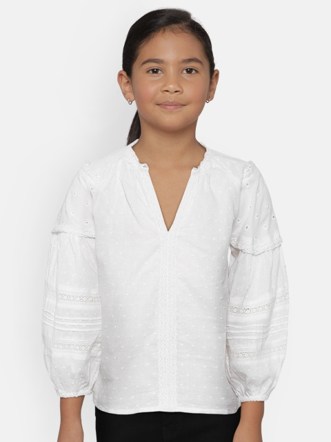 

SCOUP Girls White Solid Dobby Weave Cotton Top with Lace & Schiffli Detail