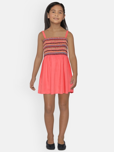 

SCOUP Girls Coral Pink & Green Floral Yoke Embroidered Smocked Fit & Flare Dress