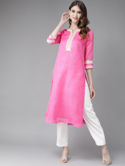 

Rain & Rainbow Women Pink & Off White Leheriya Printed Straight Kurta