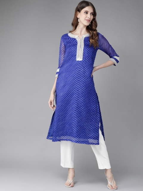 

Rain & Rainbow Women Blue & Off White Leheriya Printed Straight Kurta