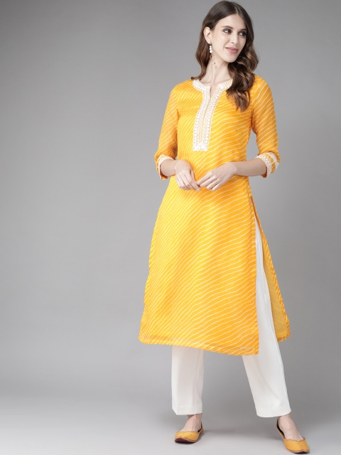 

Rain & Rainbow Women Mustard Yellow & Off White Leheriya Printed Straight Kurta