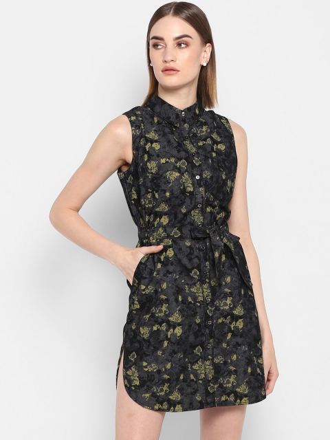 

FOSH Women Black & Gold Coloured Pure Cotton Printed Denim Shirt Dress