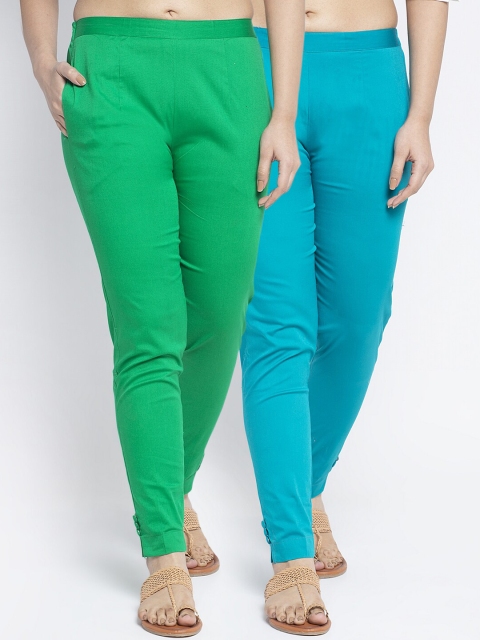 

GRACIT Women Pack Of 2 Turquoise Blue & Green Solid Cigerette Trousers