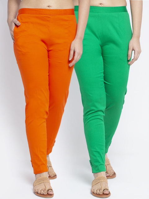 

GRACIT Women Pack of 2 Orange & Green Cigarette Trousers