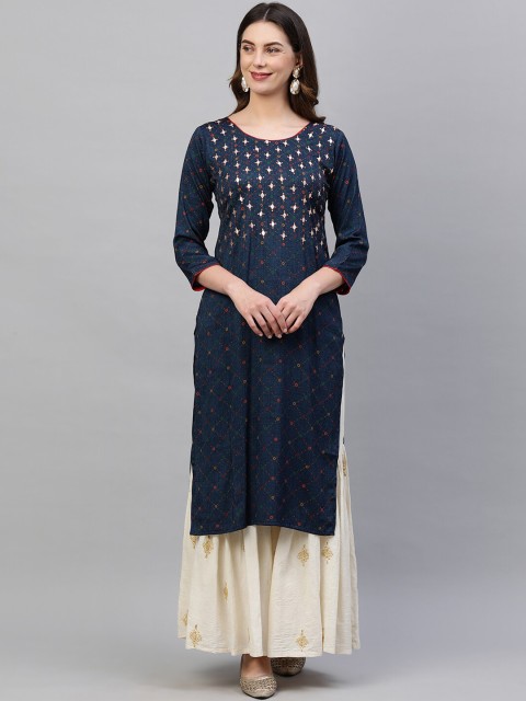 

FASHOR Women Blue Ethnic Motifs Embroidered Kurta