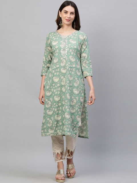 

FASHOR Women Green Floral Printed Thread Work Kurta