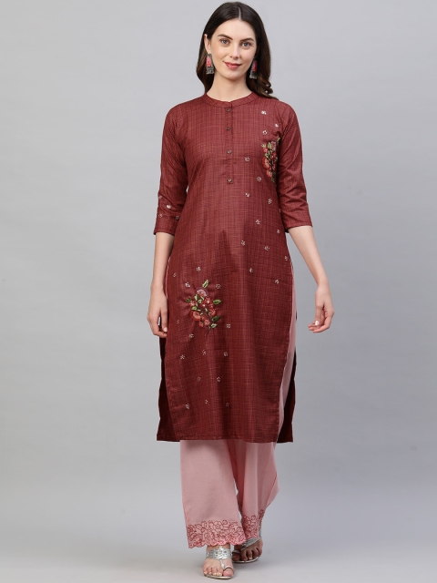 

FASHOR Women Maroon Floral Embroidered Sequined Straight Kurta