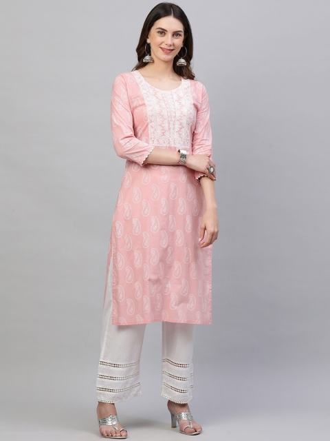 

FASHOR Women Peach-Coloured & White Paisley Embroidered Block Print Kurta