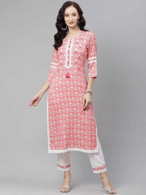 

PIROH Women Coral Floral Printed Gotta Patti Straight Kurta