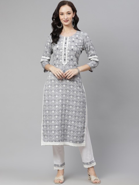 

PIROH Women Grey & White Embellished Straight Kurta