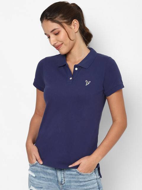 

AMERICAN EAGLE OUTFITTERS Women Navy Blue Brand Logo Polo Collar T-shirt