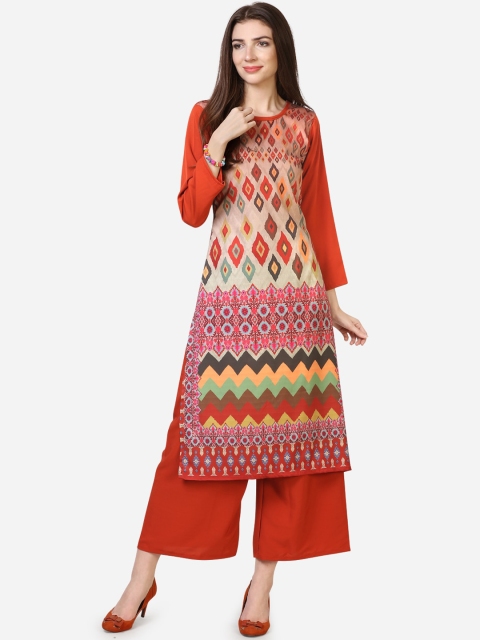 

SAADHVI Women Red & Brown Geometric Digital Printed Crepe Kurta