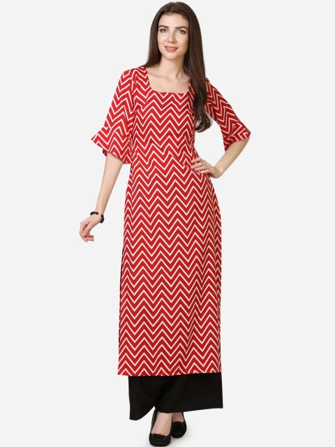 

SAADHVI Women Red & White Chevron Printed Bell Sleeves Crepe Kurta