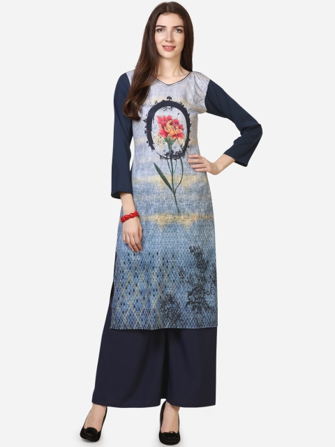 SAADHVI Women Navy Blue Floral Printed Crepe Straight Kurta