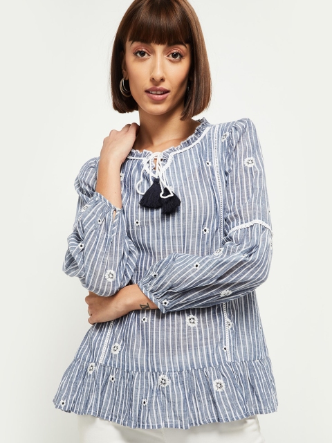 

max Blue & White Striped Tie-Up Neck A-Line Pure Cotton Top