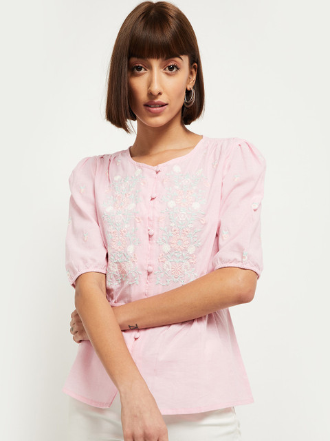 

max Women Pink Floral Embroidered Puff Sleeve Shirt Style Top