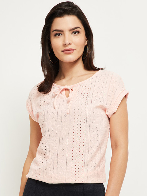 

max Pink Self Design Tie-Up Neck Extended Sleeves Regular Top
