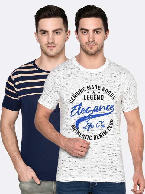 

ELEGANCE Men Set of 2 Navy Blue & White Printed T-shirts