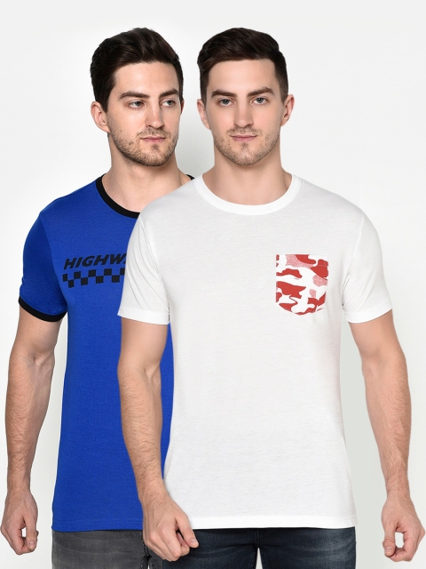 

ELEGANCE Men Pack of 2 Blue & White Graphic Printed T-shirt