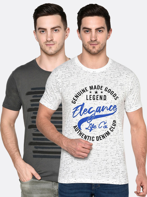 

ELEGANCE Men Pure Cotton White & Grey Pack of 2 Graphic Printed T-shirt