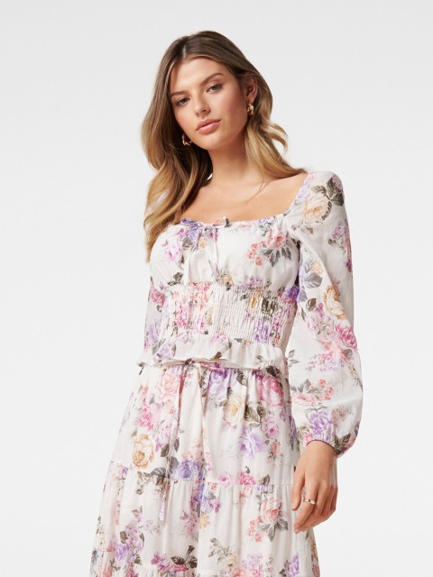 

Forever New Off White & Pink Floral Pure Cotton Shirred Top