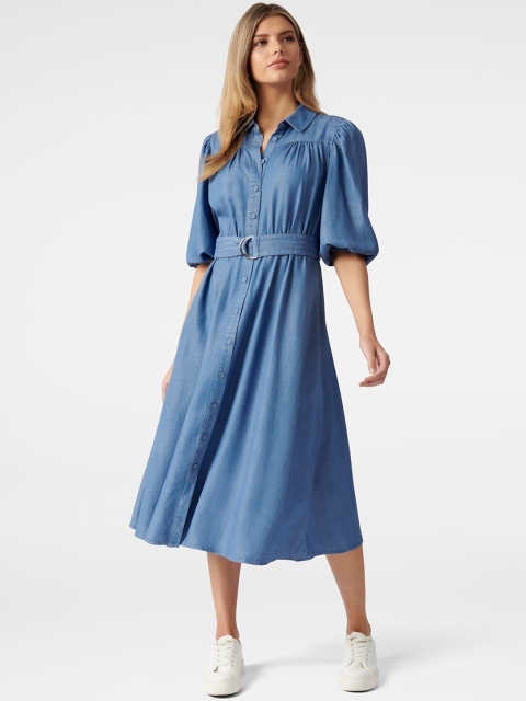 

Forever New Women Blue Shirt Midi Dress