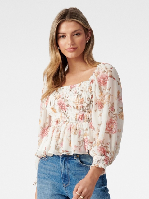 

Forever New Polyester Pink Floral Puff Sleeve Smocked Crepe Empire Top