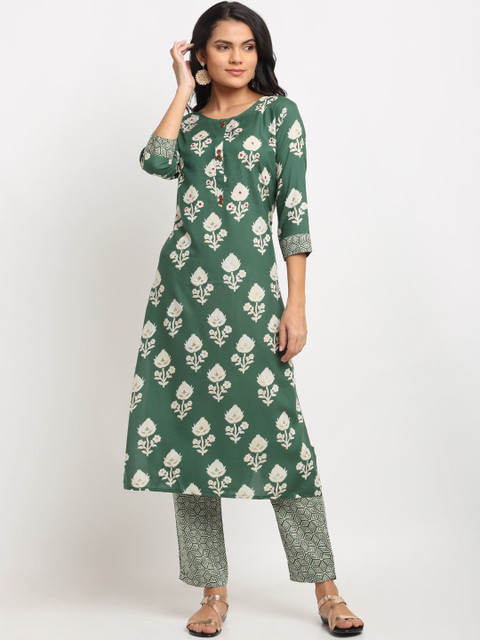 

Ardozaa Women Green Ethnic Motifs Screen Print Straight Kurta with Trousers