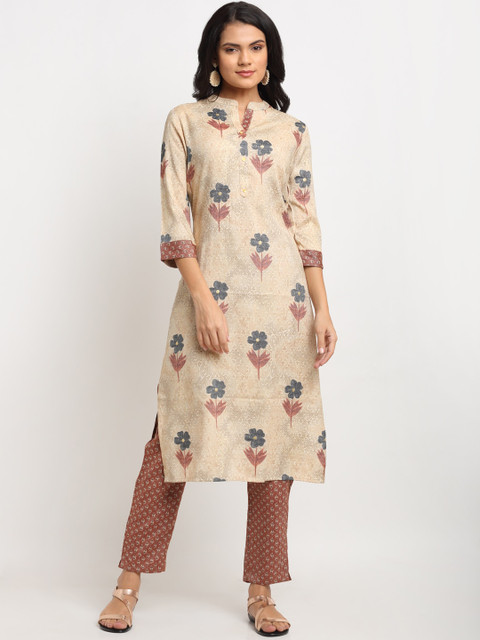 

Ardozaa Women Beige Floral Printed Panelled Chanderi Kurta with Trousers