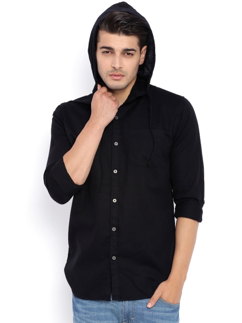 

L.A. SEVEN Men Black Slim Fit Solid Casual Shirt with Hood