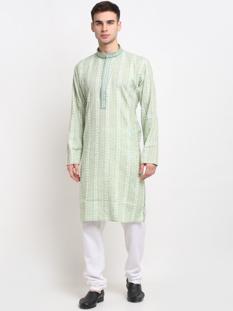 

Jompers Men Green Striped Pure Cotton Straight Kurta
