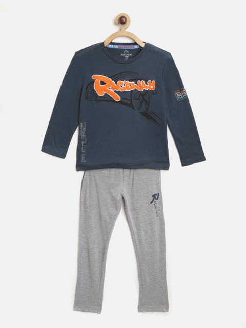 

Sweet Dreams Boys Navy Blue & Grey Melange Printed Pyjamas Set with Applique Detail