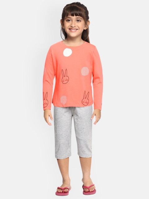 

Sweet Dreams Girls Coral Orange & Grey Melange Printed Night Suit