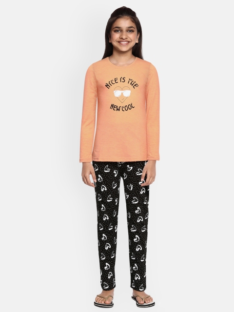 

Sweet Dreams Girls Peach-Coloured & Black Printed Night suit