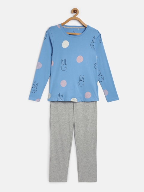 

Sweet Dreams Girls Blue & Grey Melange Printed Night suit