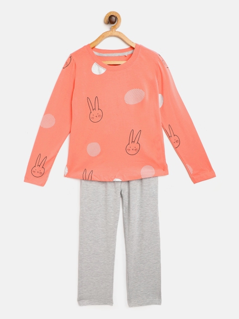 

Sweet Dreams Girls Coral Orange & Grey Melange Printed Pyjamas Set