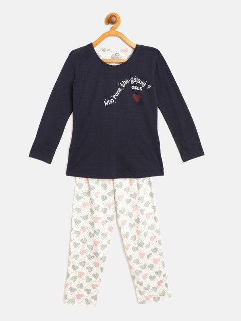

Sweet Dreams Girls Navy Blue & Off White Cotton Printed Pyjama Set