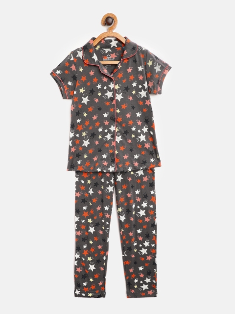

Sweet Dreams Girls Charcoal & Orange Printed Night suit